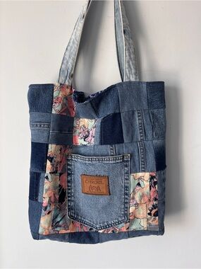 Denim Patchwork Tote | Homemade | Pink Floral Accents | 17” x 17”